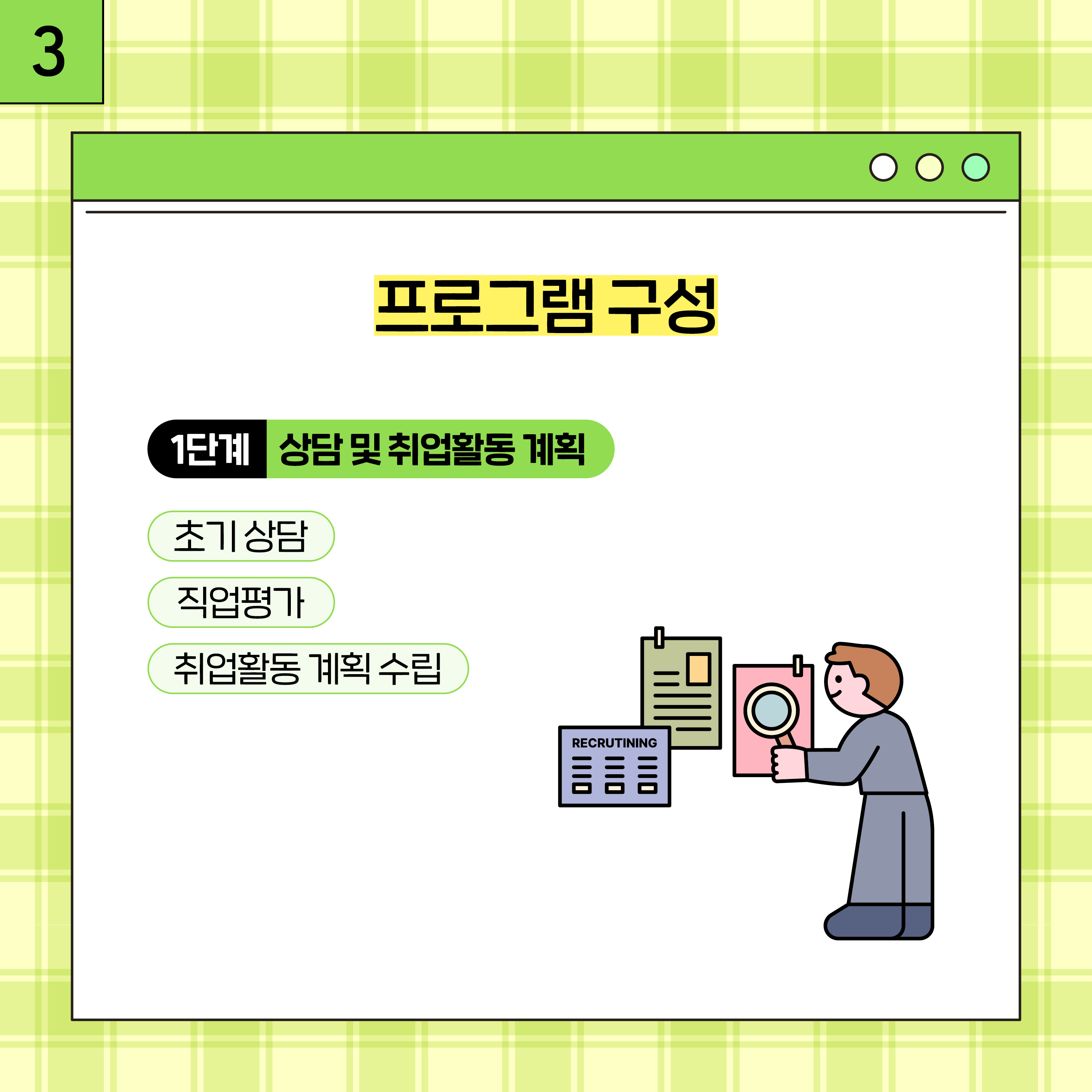 3. 프로그램 구성 1단계 상담 및 취업활동 계획 초기상담 직업평가 취업활동 계획 수립