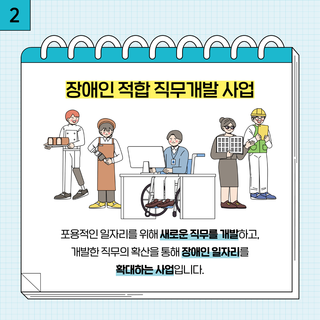 2. 포용적인 일자리를 위해 새로운 직무를 개발하고, 개발한 직무의 확산을 통해 장애인 일자리를 확대하는 사업입니다.