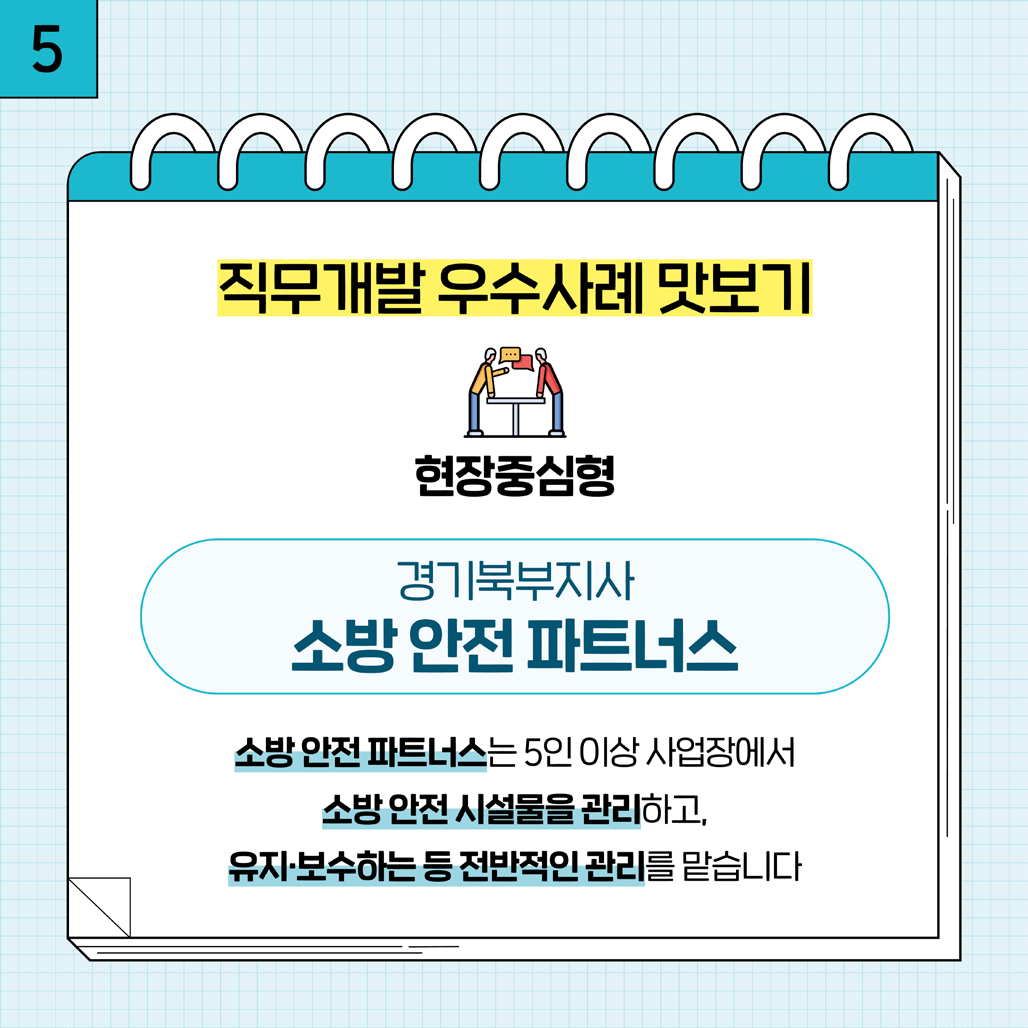 5. 직무개발 우수사례 맛보기 현장중심형 경기북부지사 소방 안전 파트너스 - 소방 안전 파트너스는 5인 이상 사업장에서 소방 안전 시설물을 관리하고, 유지 보수하는 등 전반적인 관리를 맡습니다