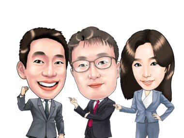 이영우 부장, 이태인 주임, 김민수 과장의 캐리커쳐