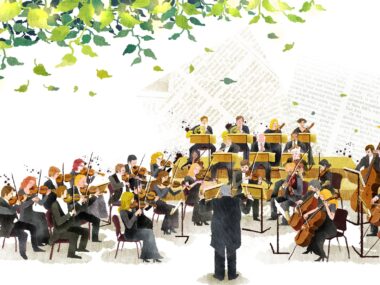 오케스트라 단원들이 지휘자의 지휘에 맞춰 연주하는 그림