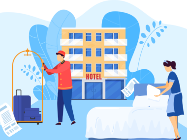 호텔에서 남성과 여성의 근로자가 일을 하고 있는 모습의 일러스트 이미지