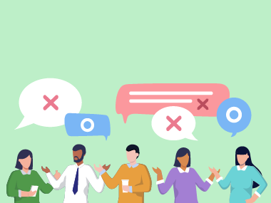 사람들이 오우 엑스 말풍선을 떠올리고 있는 일러스트 이미지