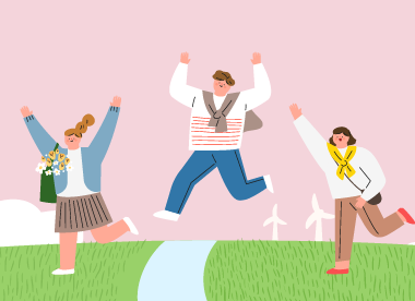 푸르른 언덕에서 사람들이 폴짝 뛰고 있는 일러스트 이미지