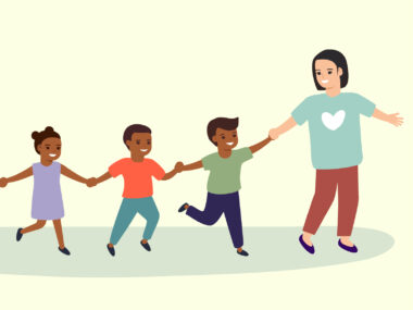 아이들이 선생님을 따라 손을 잡고 있는 일러스트 이미지