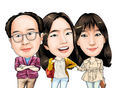 김의호 부장. 백지현 대리, 김지은 주임의 캐리커처 그림