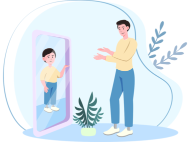 성인이 된 사람이 거울에 비친 어린시절의 나를 보는 모습의 일러스트 그림