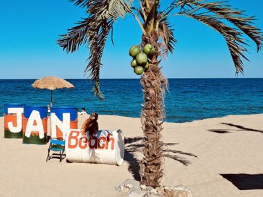 양양에 있는 잔비치 사진으로 야자수와 파란 바다가 보이는 사진