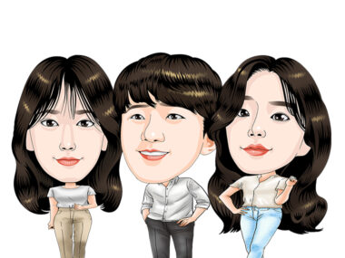 김혜진 전임평가사, 기준 과장, 한지연 대리의 캐리커처