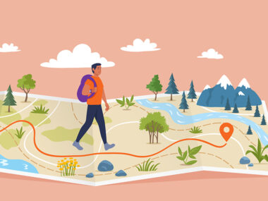 한 남성이 산을 등산하고 있는 모습의 일러스트 그림