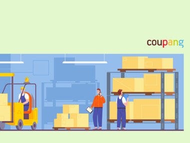 여러명의 사람들이 쿠팡에서 화물차에 택배상자를 싣는 모습의 일러스트 그림