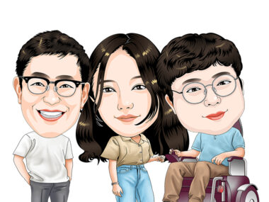 강지원 부장, 김연수 대리, 강경식 주임 캐리커처