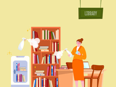 쾌적한 공간을 제공하기 위해 여성이 향기스프레이를 뿌리고 있는 일러스트 그림