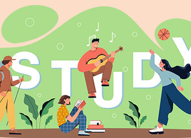 등산하는 남자와 기타치는 남자, 운동하는 여자가 있는 일러스트 그림