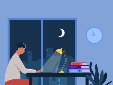 한 남성이 밤 늦게 공부하는 일러스트 그림