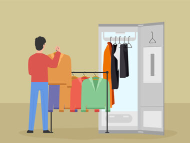 한 남성이 옷을 관리하고 있는 일러스트 그림