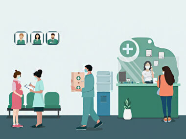 장애인 근로자가 의료물품이 담긴 택배를 나르고 있는 일러스트 그림