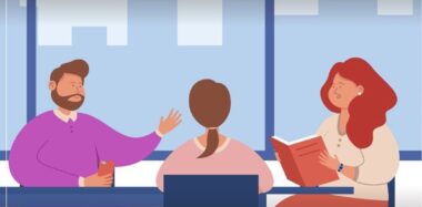 남성 한 명과 여성 두 명이 회의를 하고 있는 일러스트 그림