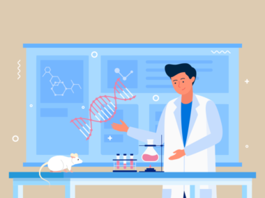 한 남성이 동물로 실험을 하고 있는 일러스트 그림
